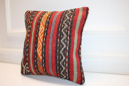 Handwoven Anatolian Rug Cushion, Boho Ethnic Decor, Rustic Sofa Accent (16x16 in)