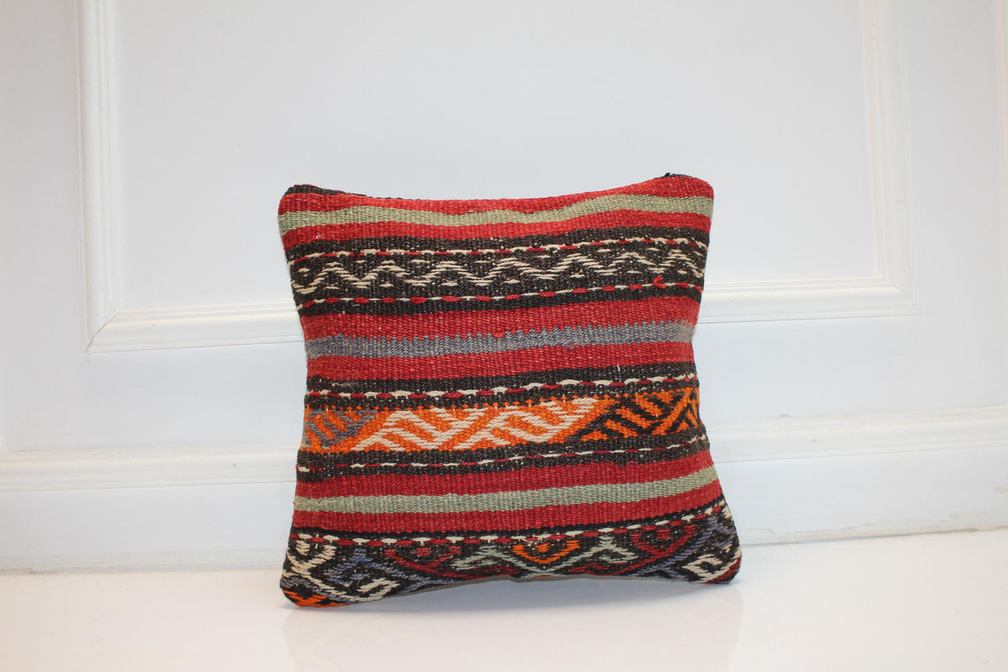 Handwoven Anatolian Rug Cushion, Striped Tribal Boho Decor, Rustic Ethnic Sofa Accent(16x16 in)