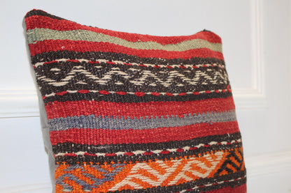 Handwoven Anatolian Rug Cushion, Striped Tribal Boho Decor, Rustic Ethnic Sofa Accent(16x16 in)