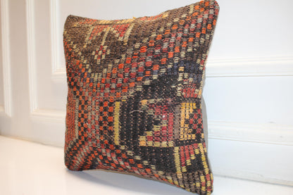 Handwoven Anatolian Rug Cushion, Dark Tribal Boho Decor, Rustic Ethnic Home Accent(16x16 in)