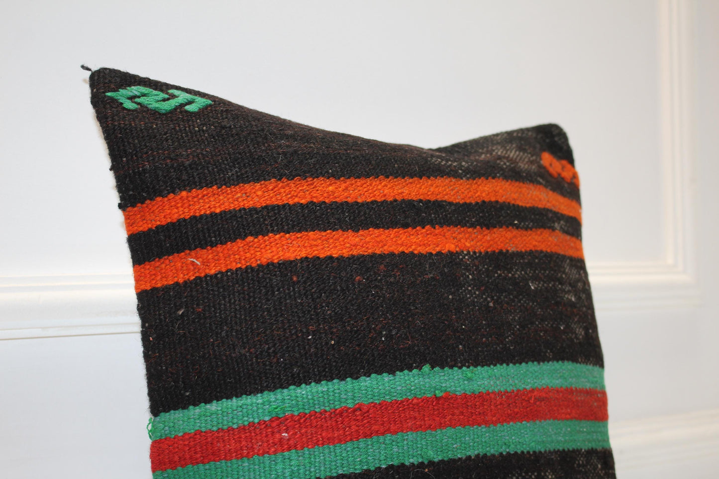 Handwoven Striped Rug Cushion, Bold Color Anatolian Textile, Boho Ethnic Home Decor(16x16 in)