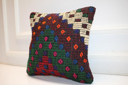 Handwoven Anatolian Rug Cushion, Colorful Geometric Tribal Design, Boho Ethnic Home Decor(16x16 in)