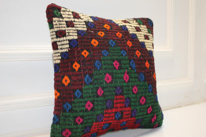 Handwoven Anatolian Rug Cushion, Colorful Geometric Tribal Design, Boho Ethnic Home Decor(16x16 in)