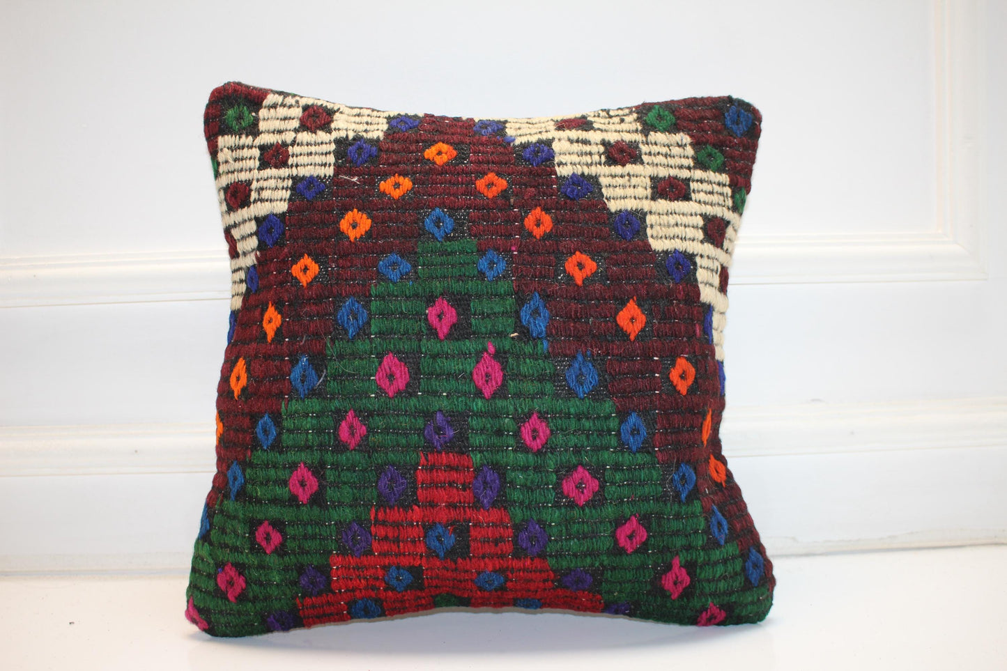Handwoven Anatolian Rug Cushion, Colorful Geometric Tribal Design, Boho Ethnic Home Decor(16x16 in)
