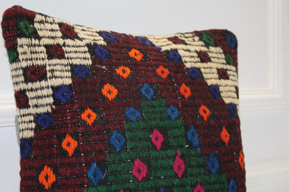 Handwoven Anatolian Rug Cushion, Colorful Geometric Tribal Design, Boho Ethnic Home Decor(16x16 in)