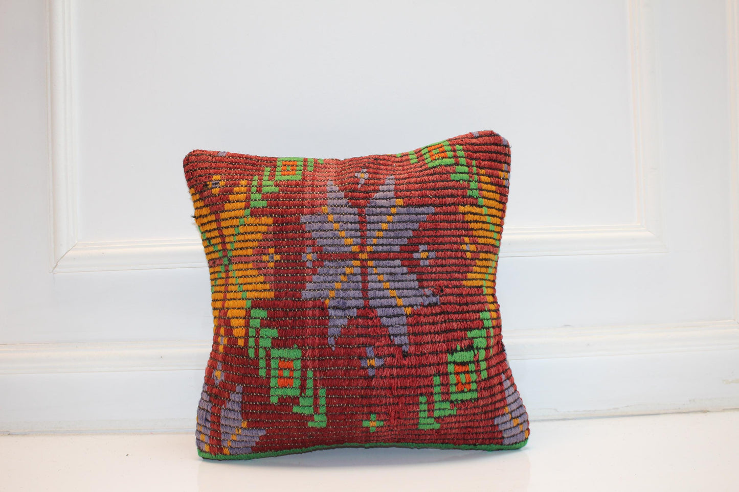 Handwoven Anatolian Rug Cushion, Bold Geometric Motif, Colorful Boho Ethnic Decor(16x16 in)