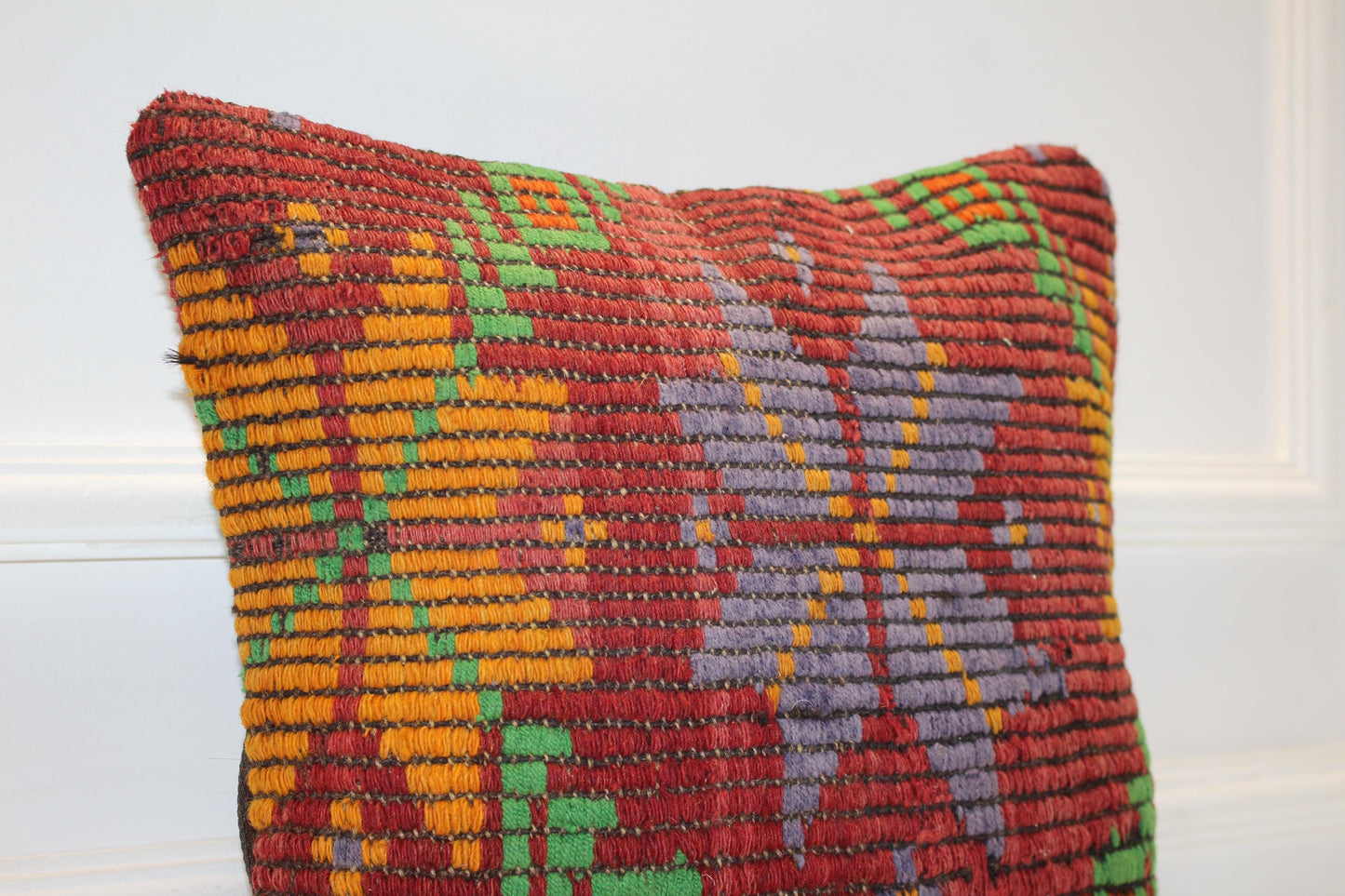 Handwoven Anatolian Rug Cushion, Bold Geometric Motif, Colorful Boho Ethnic Decor(16x16 in)