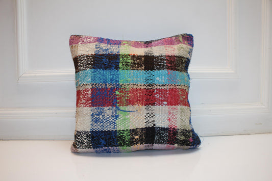 Handwoven Kilim Pillow Cover, Colorful Patchwork Rug Cushion, Boho Decor (16x16 in)