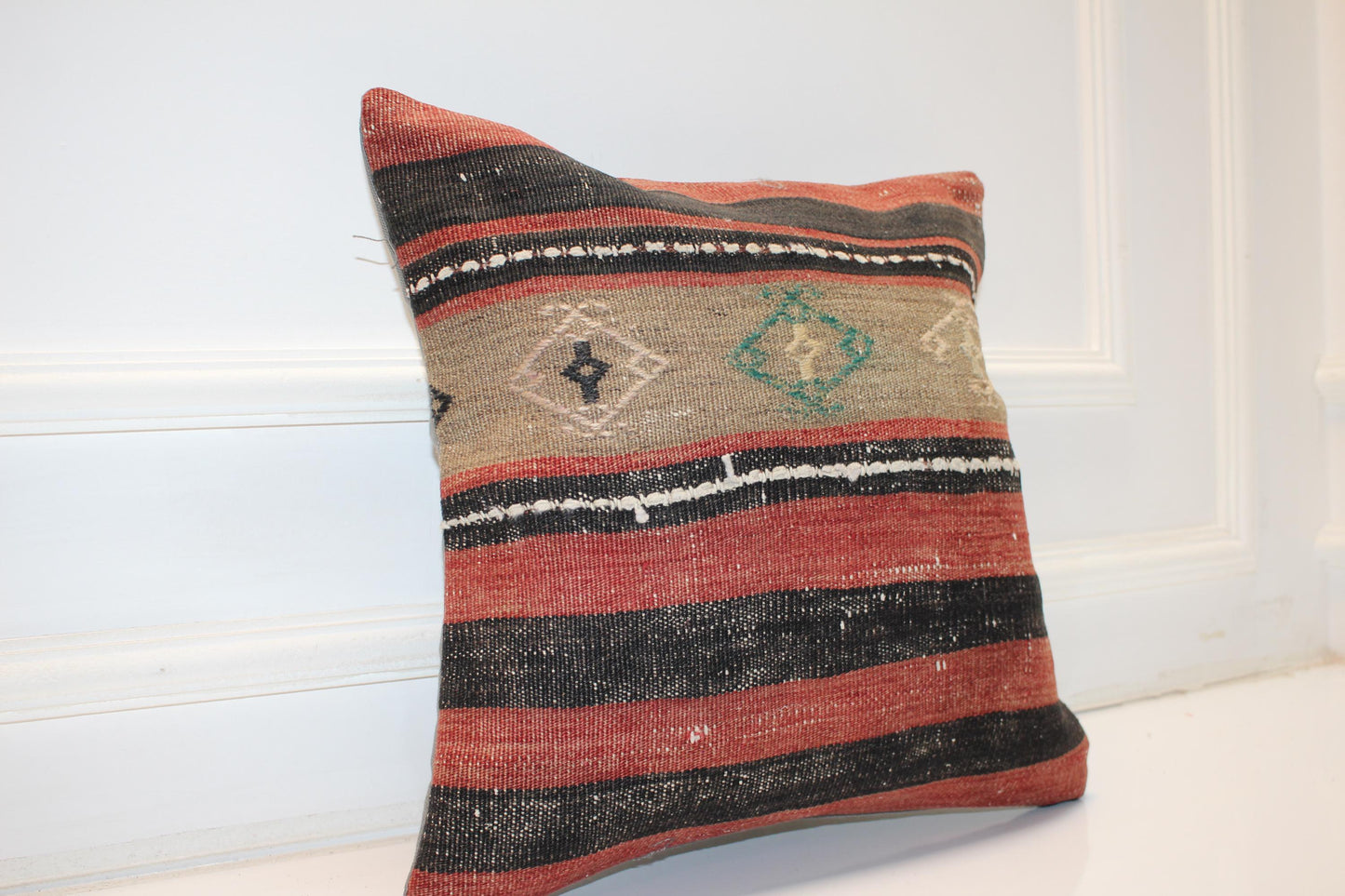 Handwoven Striped Kilim Pillow Cover, Turkish Boho Cushion (16x16 in)