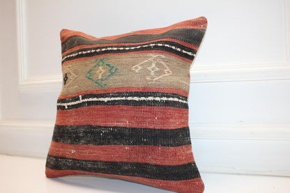 Handwoven Striped Kilim Pillow Cover, Turkish Boho Cushion (16x16 in)