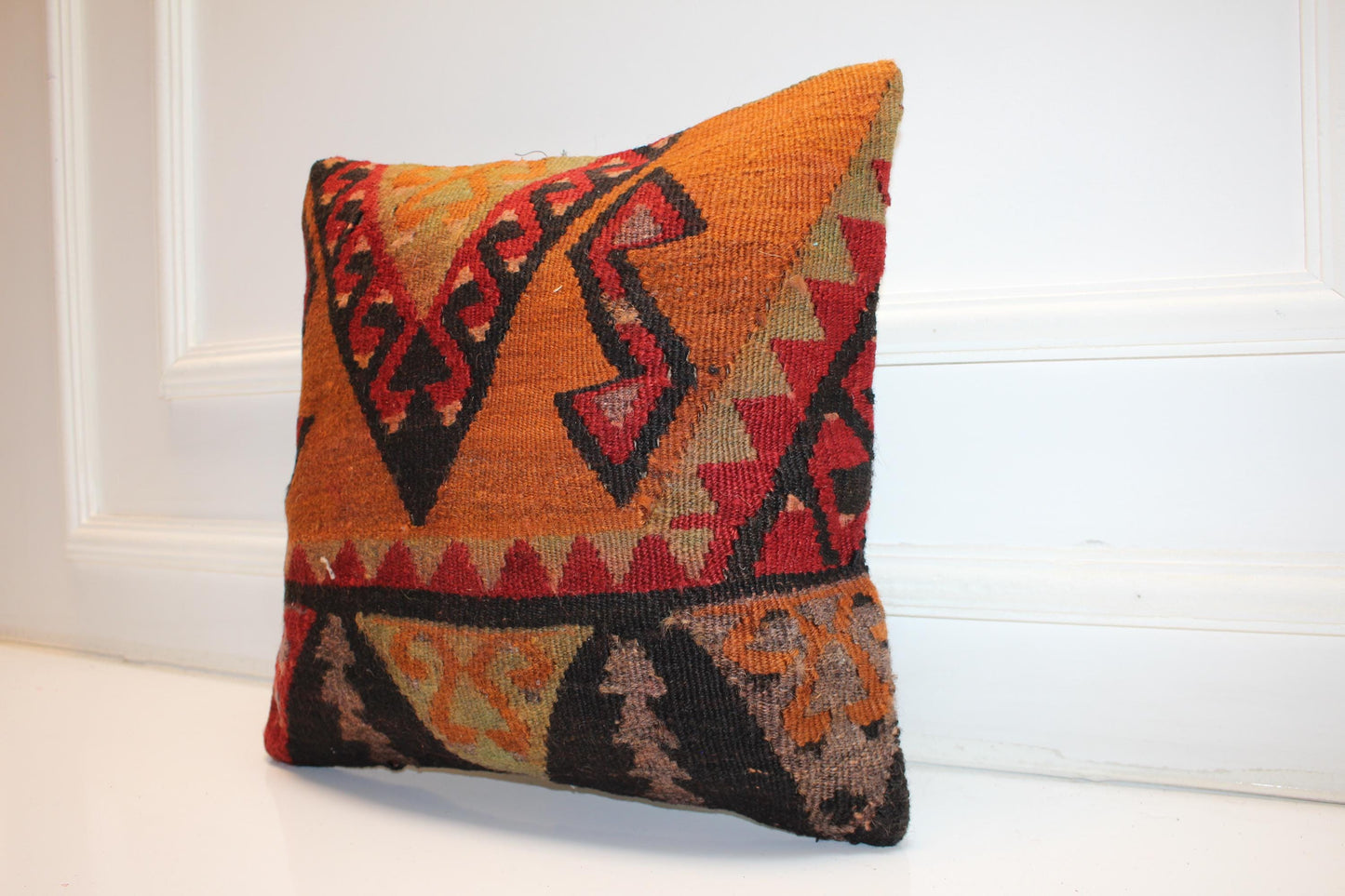 Handwoven Kilim Pillow Cover, Geometric Turkish Rug Cushion (16x16 in)
