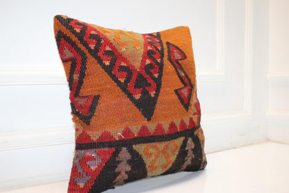 Handwoven Kilim Pillow Cover, Geometric Turkish Rug Cushion (16x16 in)