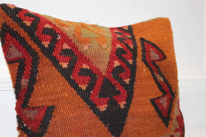 Handwoven Kilim Pillow Cover, Geometric Turkish Rug Cushion (16x16 in)