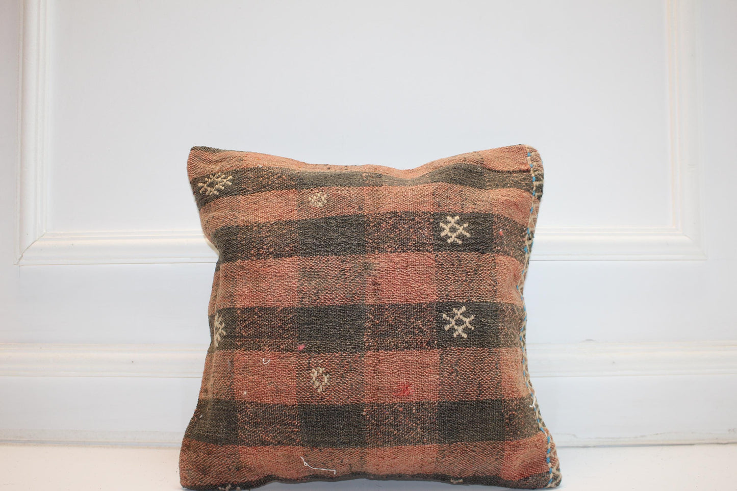Handwoven Kilim Pillow Cover, Striped Turkish Rug Cushion (16x16 in)