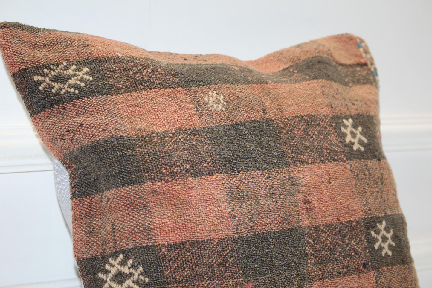 Handwoven Kilim Pillow Cover, Striped Turkish Rug Cushion (16x16 in)