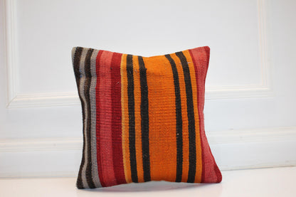Handwoven Kilim Pillow Cover, Vertical Stripes, Boho Throw Cushion (16x16 in)
