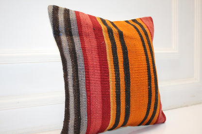 Handwoven Kilim Pillow Cover, Vertical Stripes, Boho Throw Cushion (16x16 in)