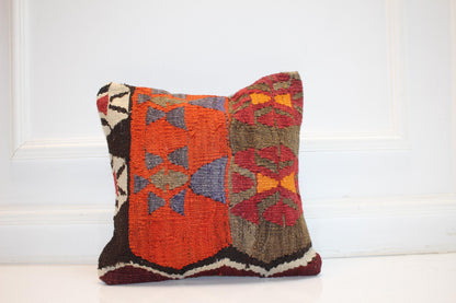 Handwoven Vintage Kilim Pillow Cover, Geometric Turkish Rug Cushion (16x16 in)
