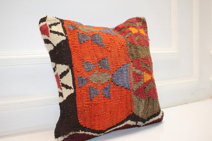 Handwoven Vintage Kilim Pillow Cover, Geometric Turkish Rug Cushion (16x16 in)