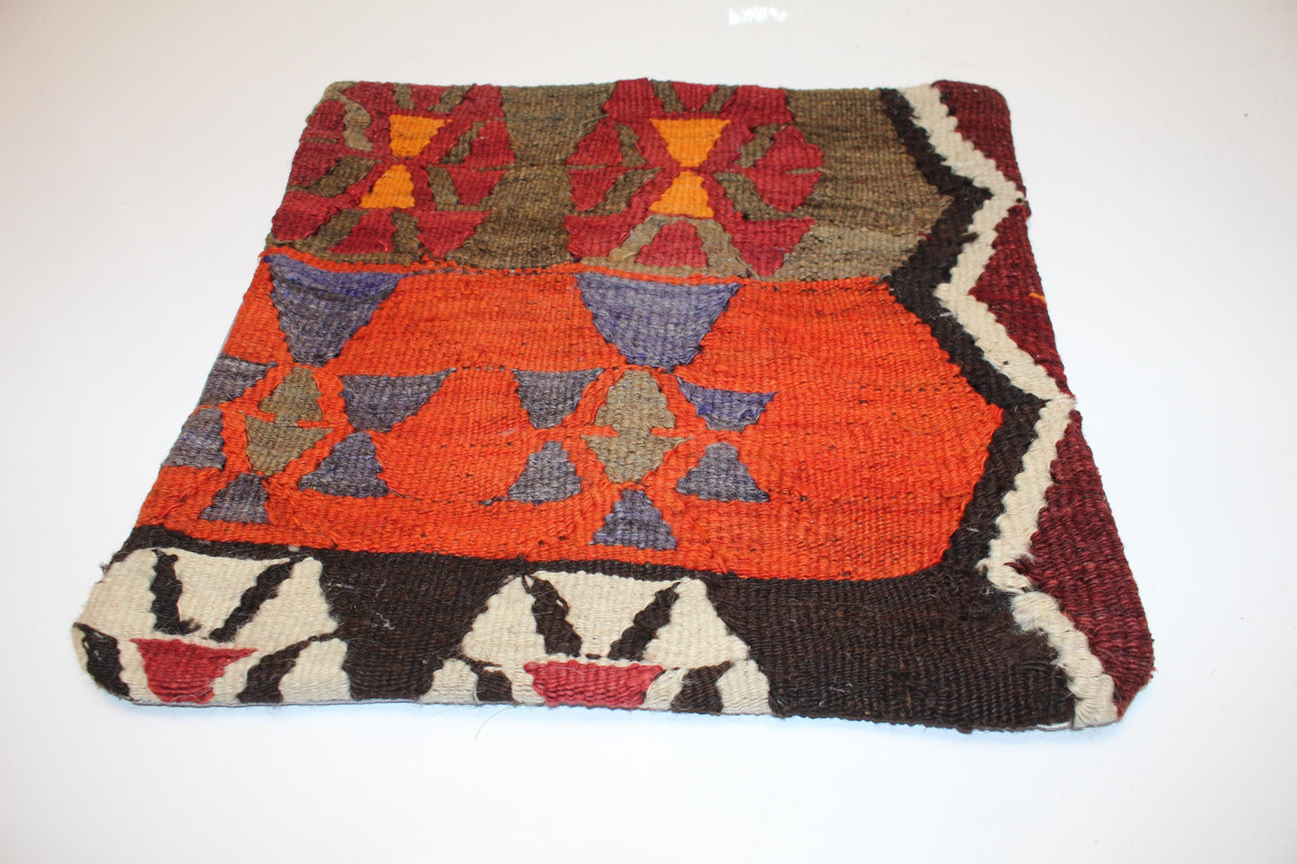 Handwoven Vintage Kilim Pillow Cover, Geometric Turkish Rug Cushion (16x16 in)
