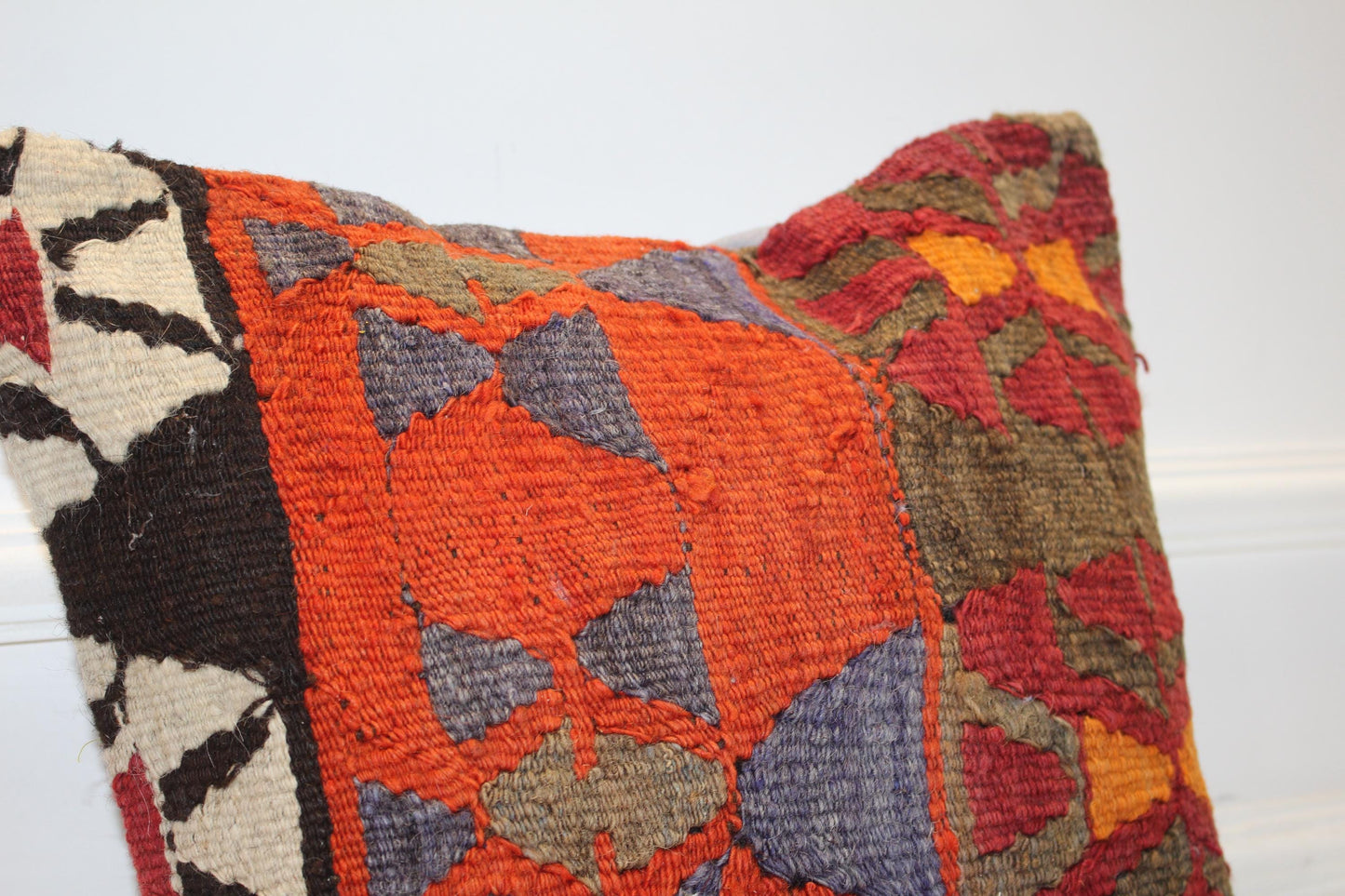 Handwoven Vintage Kilim Pillow Cover, Geometric Turkish Rug Cushion (16x16 in)