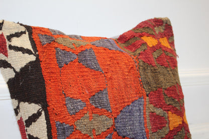 Handwoven Vintage Kilim Pillow Cover, Geometric Turkish Rug Cushion (16x16 in)