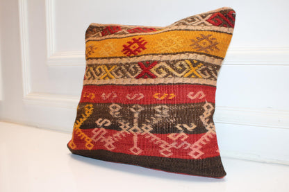 Handwoven Kilim Pillow Cover, Turkish Rug Cushion, Boho Home Decor (16x16 in)