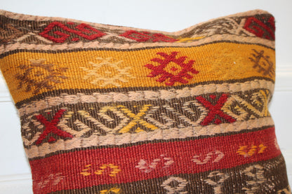 Handwoven Kilim Pillow Cover, Turkish Rug Cushion, Boho Home Decor (16x16 in)