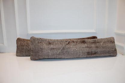 Set of 2 Vintage Turkish Kilim Lumbar Pillow Covers | Taupe Woven Cushions