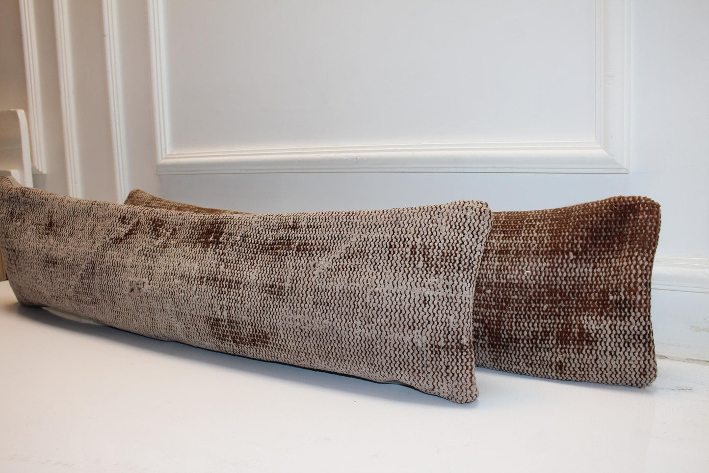 Set of 2 Vintage Turkish Kilim Lumbar Pillow Covers | Taupe Woven Cushions