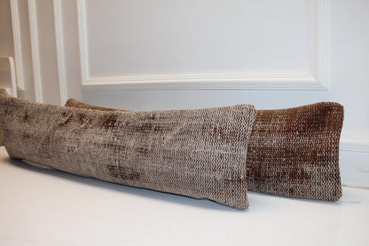 Set of 2 Vintage Turkish Kilim Lumbar Pillow Covers | Taupe Woven Cushions