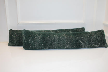 Set of 2 Handmade Dark Green Turkish Kilim Lumbar Pillow Covers
