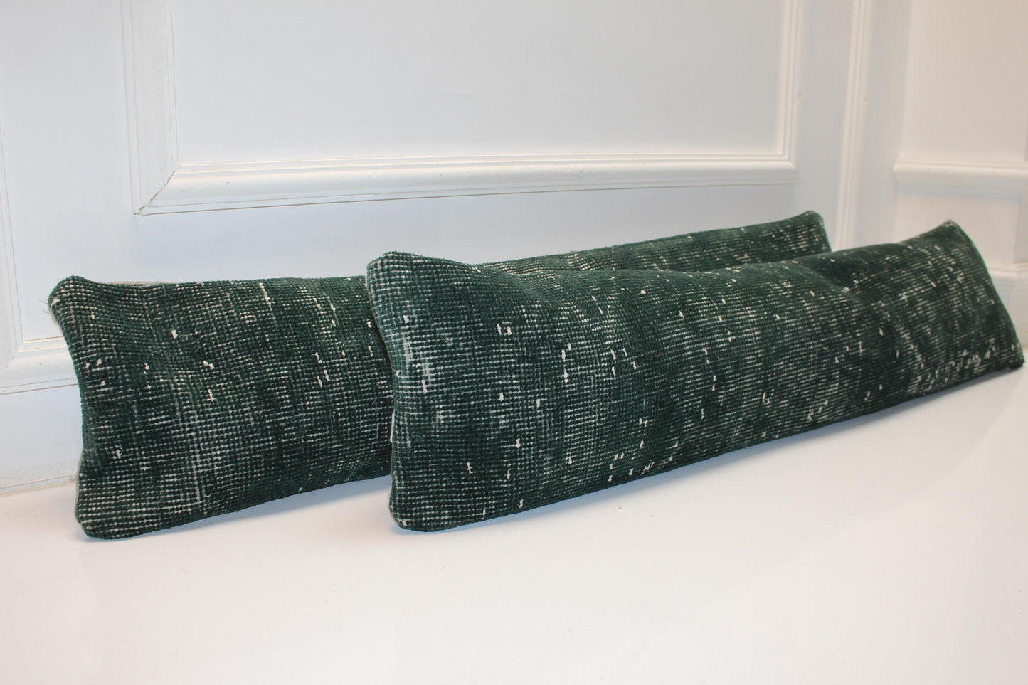 Set of 2 Handmade Dark Green Turkish Kilim Lumbar Pillow Covers