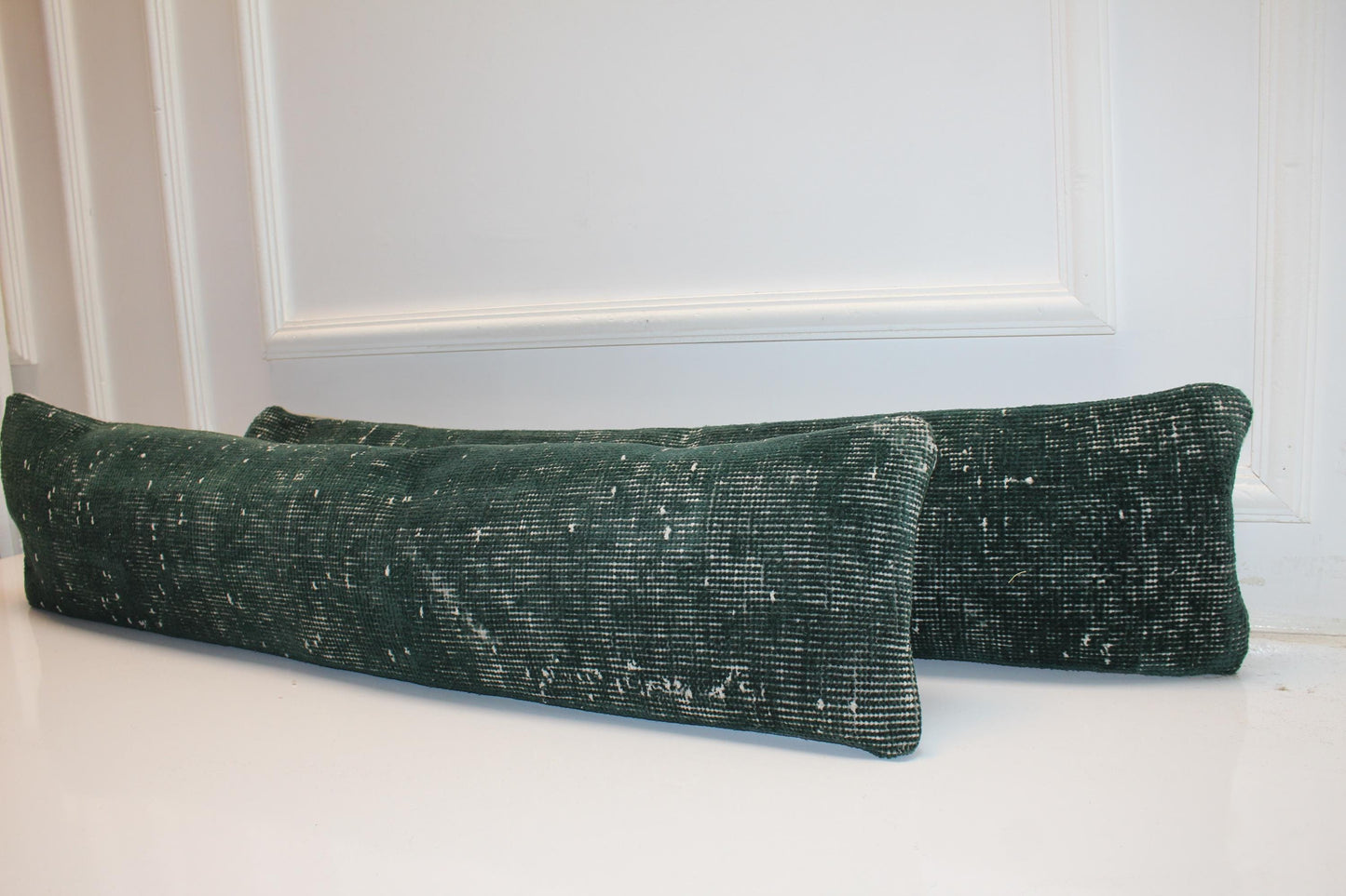 Set of 2 Handmade Dark Green Turkish Kilim Lumbar Pillow Covers