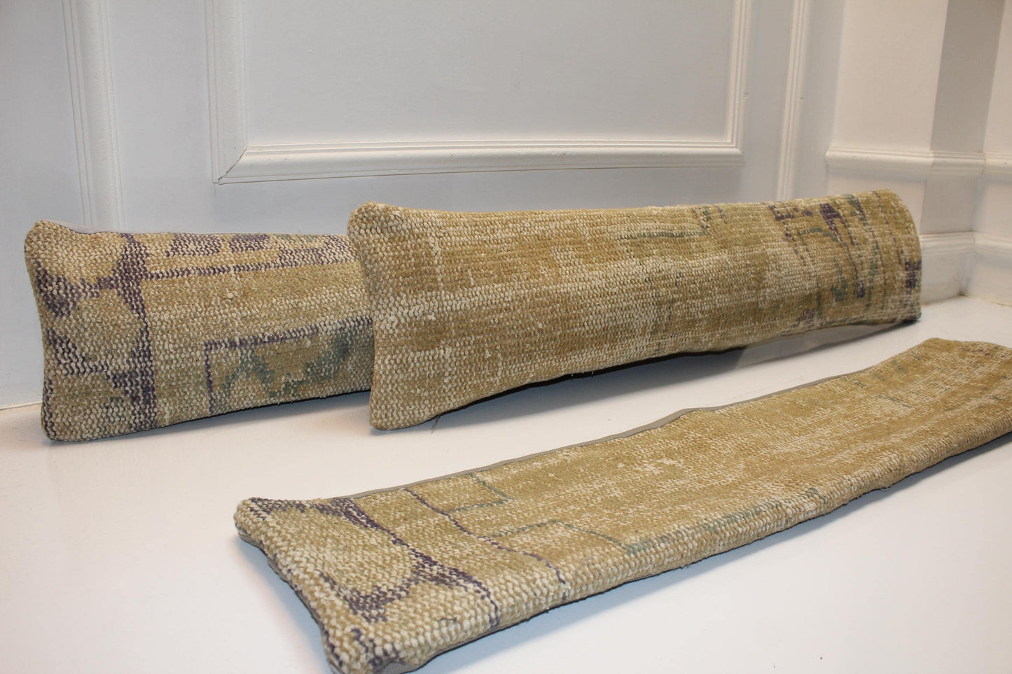 Set of 3 Handmade Turkish Kilim Lumbar Pillow Covers | Beige Gold Neutral Decor