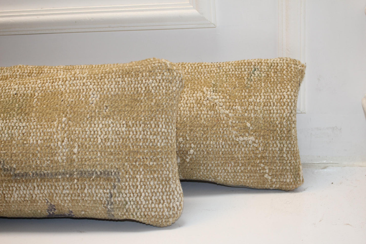 Set of 2 Vintage Turkish Kilim Lumbar Pillow Covers | Beige & Mustard
