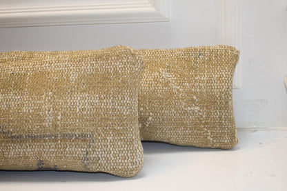 Set of 2 Vintage Turkish Kilim Lumbar Pillow Covers | Beige & Mustard