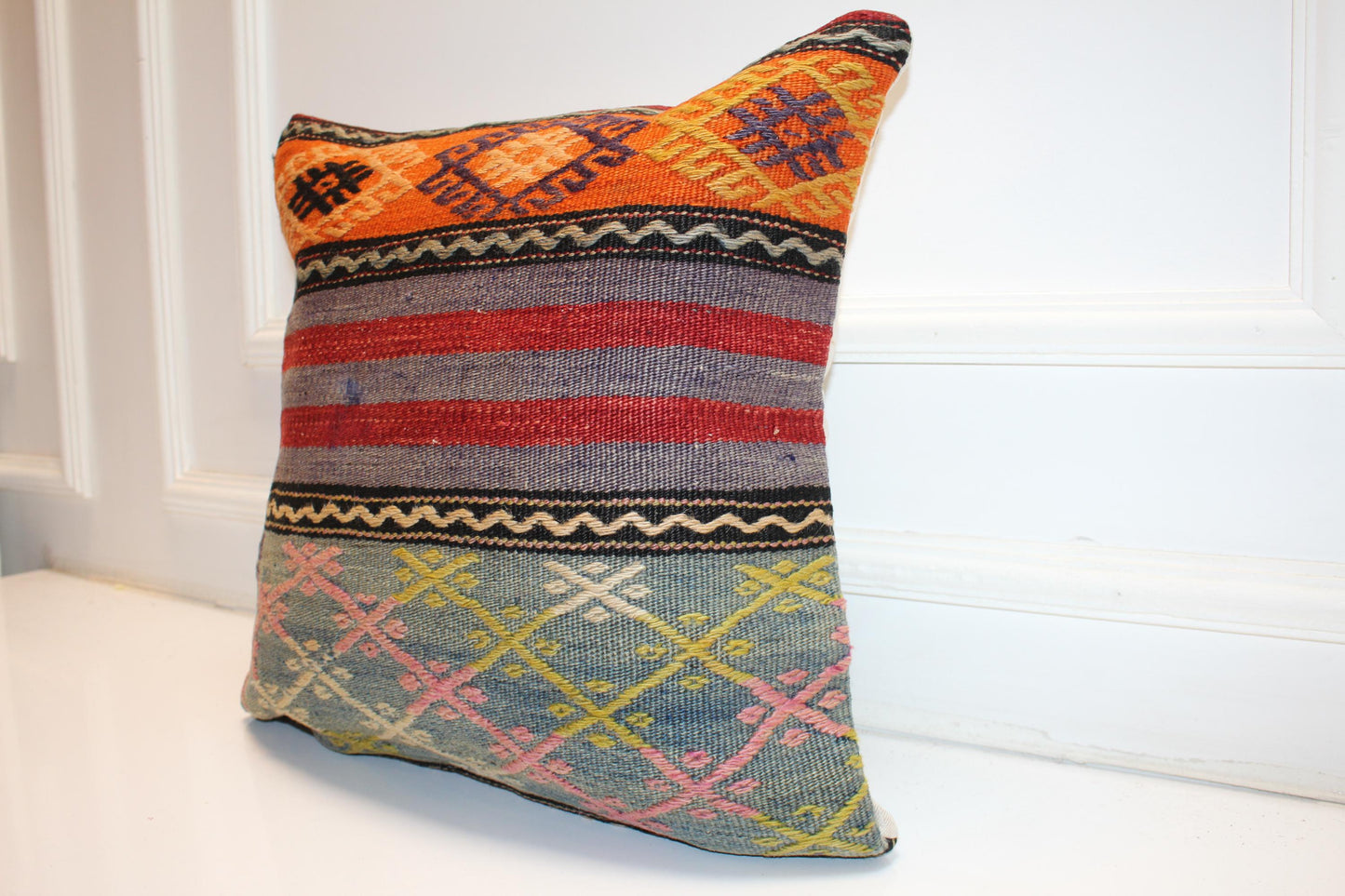 Handwoven Anatolian Rug Cushion, Colorful Boho Tribal Ethnic Home Decor18x18 inch