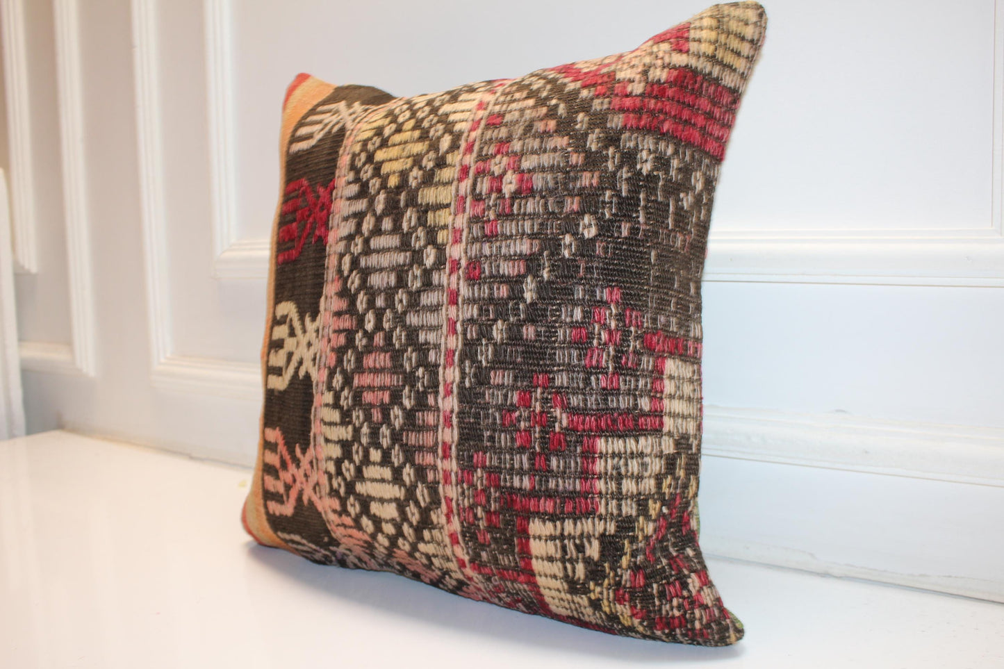 Handwoven Anatolian Rug Cushion, Dark Boho Tribal Ethnic Sofa Decor18x18 inch