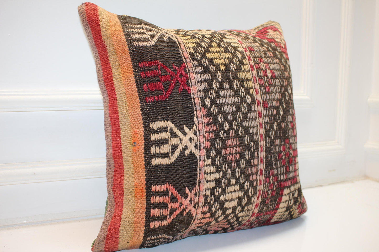 Handwoven Anatolian Rug Cushion, Dark Boho Tribal Ethnic Sofa Decor18x18 inch
