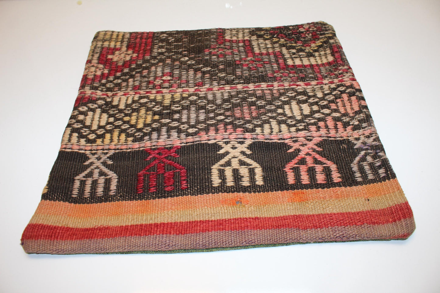 Handwoven Anatolian Rug Cushion, Dark Boho Tribal Ethnic Sofa Decor18x18 inch