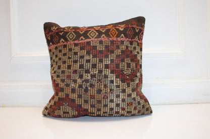Handwoven Kilim Pillow Cover, Earth Tone Tribal Rug Cushion, 18x18 inch
