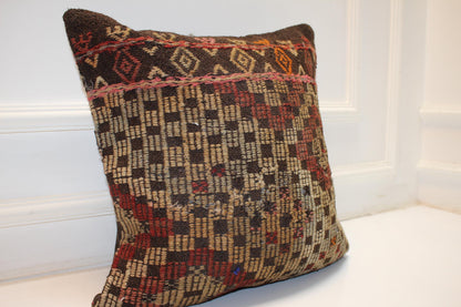 Handwoven Kilim Pillow Cover, Earth Tone Tribal Rug Cushion, 18x18 inch