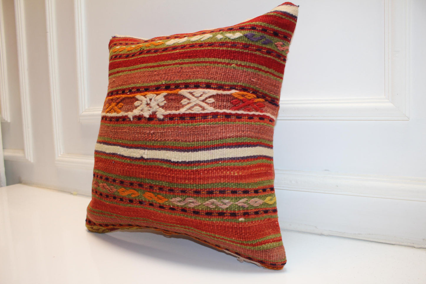 Striped Handwoven Anatolian Rug Cushion, Warm Rustic Boho Ethnic Decor 18x18 inch