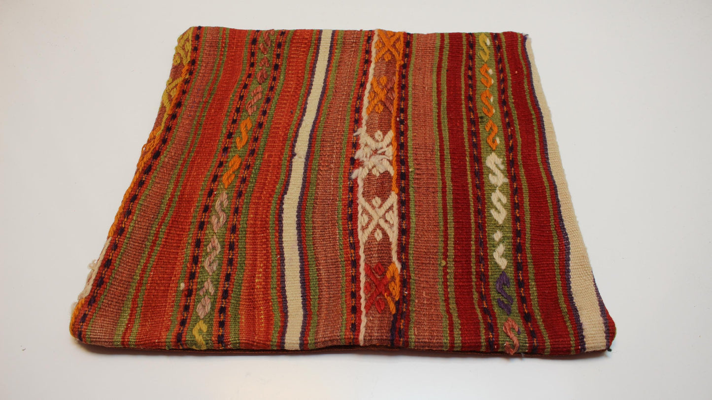 Striped Handwoven Anatolian Rug Cushion, Warm Rustic Boho Ethnic Decor 18x18 inch