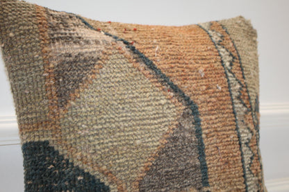 Handwoven Anatolian Rug Cushion, Neutral Boho Decor, Rustic Sofa Accent, 16x16