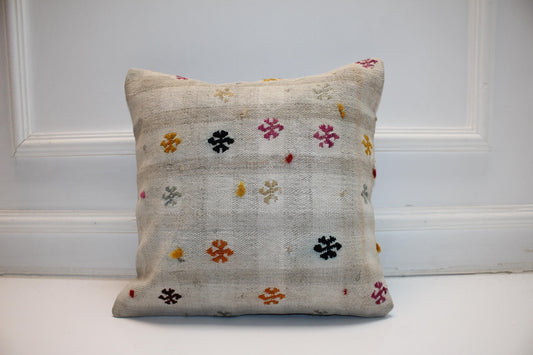 Vintage Turkish Kilim Pillow Cover, Handwoven Anatolian Rug Cushion, Minimal Boho Decor 16x16