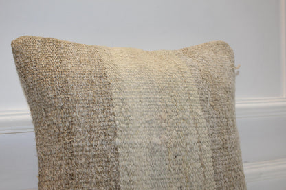 Handwoven Neutral Anatolian Rug Cushion, Minimal Wabi Sabi Decor, Rustic Sofa Pillow, 16x16