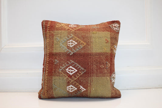 Vintage Turkish Kilim Pillow Cover, Handwoven Anatolian Rug Cushion, Rustic Boho Decor 16x16