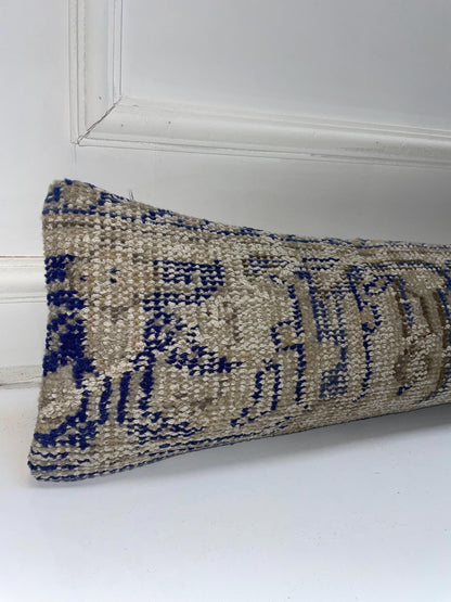 Blue Pattern Kilim Pillow Cover, Tribal Neutral Long Cushion, Boho Bench Sofa Decor